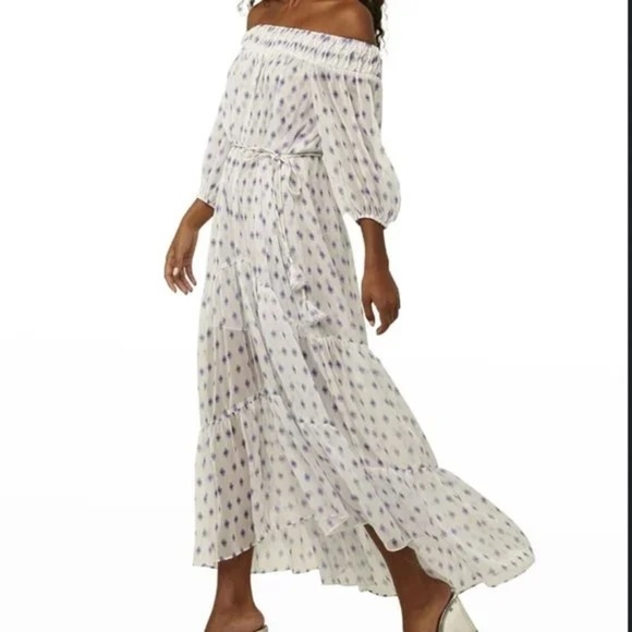 NWT MISA Artemis Off-the-shoulder Belted Chiffon Dress In White Evil Eye - Picture 1 of 8